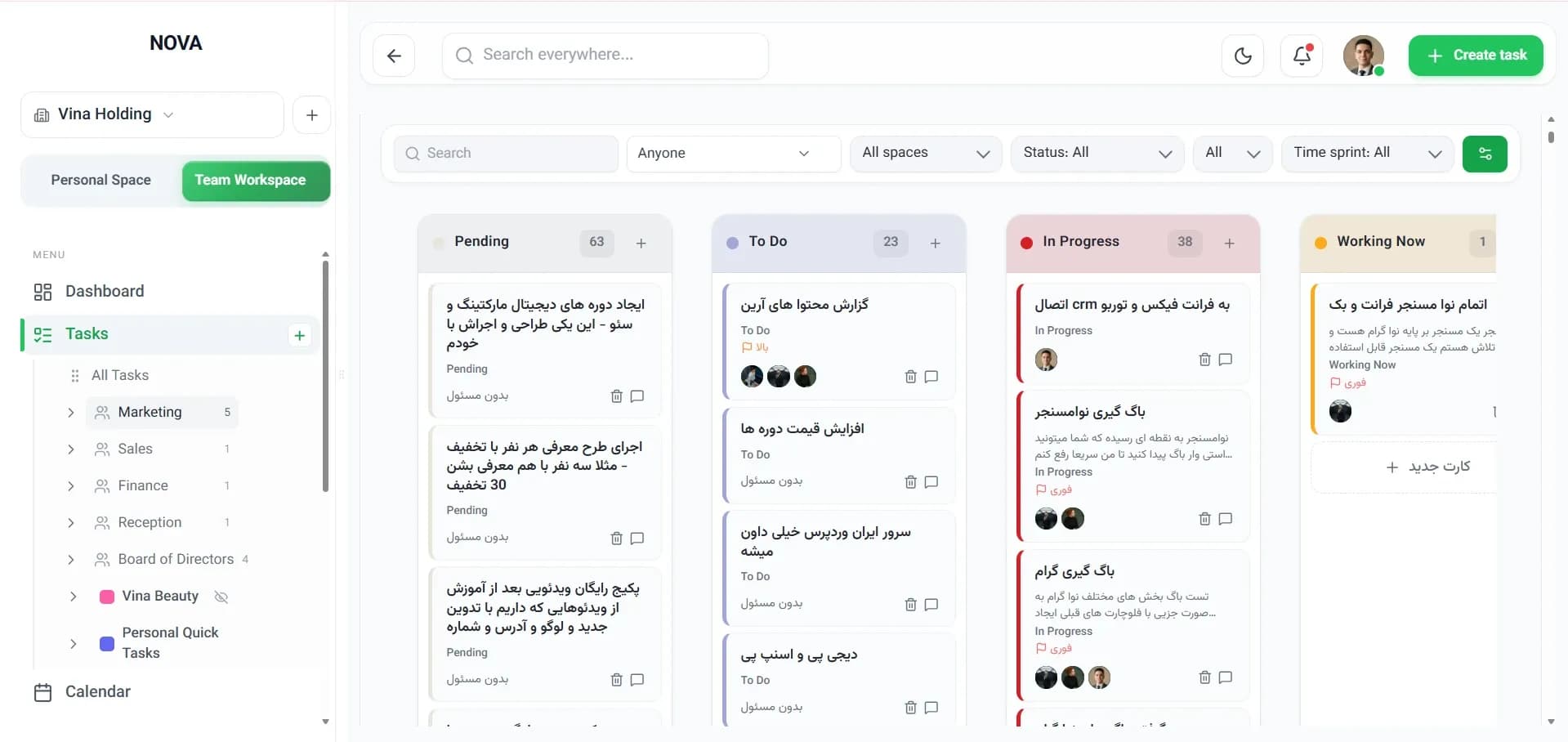 مدیریت جزئیات تسکها و وضعیت کارها در پلتفرم نوا